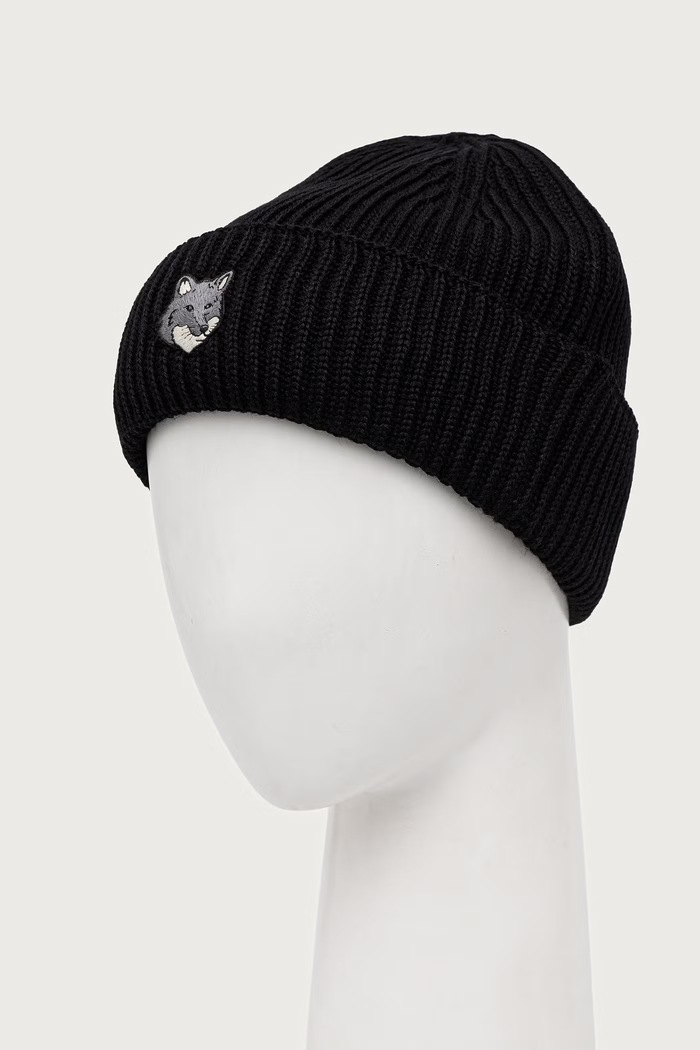 Maison Kitsuné Fox Head Large Beanie czapka beanie wełniana męska PM06112KT1022 czarny AW25