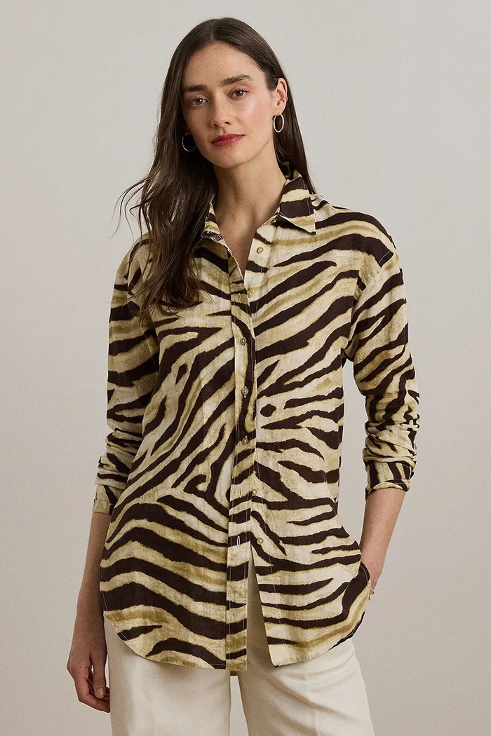 Lněná košile Lauren Ralph Lauren len béžová 200970776