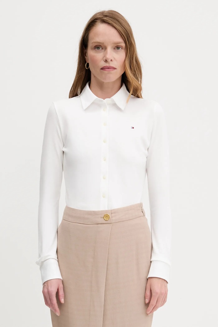 Tommy Hilfiger srajca ženska bombažna z elastanom Z elastanom bela WW0WW43528