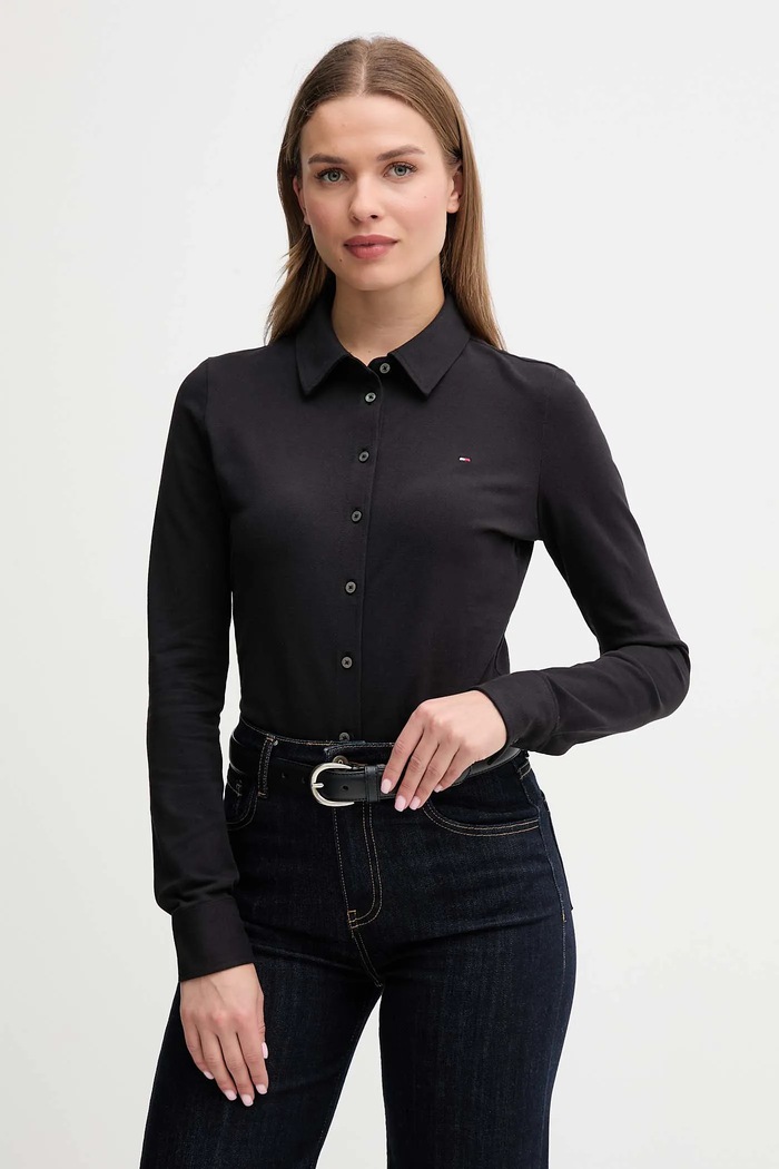 Tommy Hilfiger srajca ženska bombažna z elastanom črna WW0WW43528
