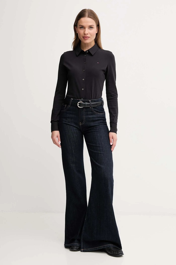Tommy Hilfiger srajca ženska bombažna z elastanom WW0WW43528 črna SS26