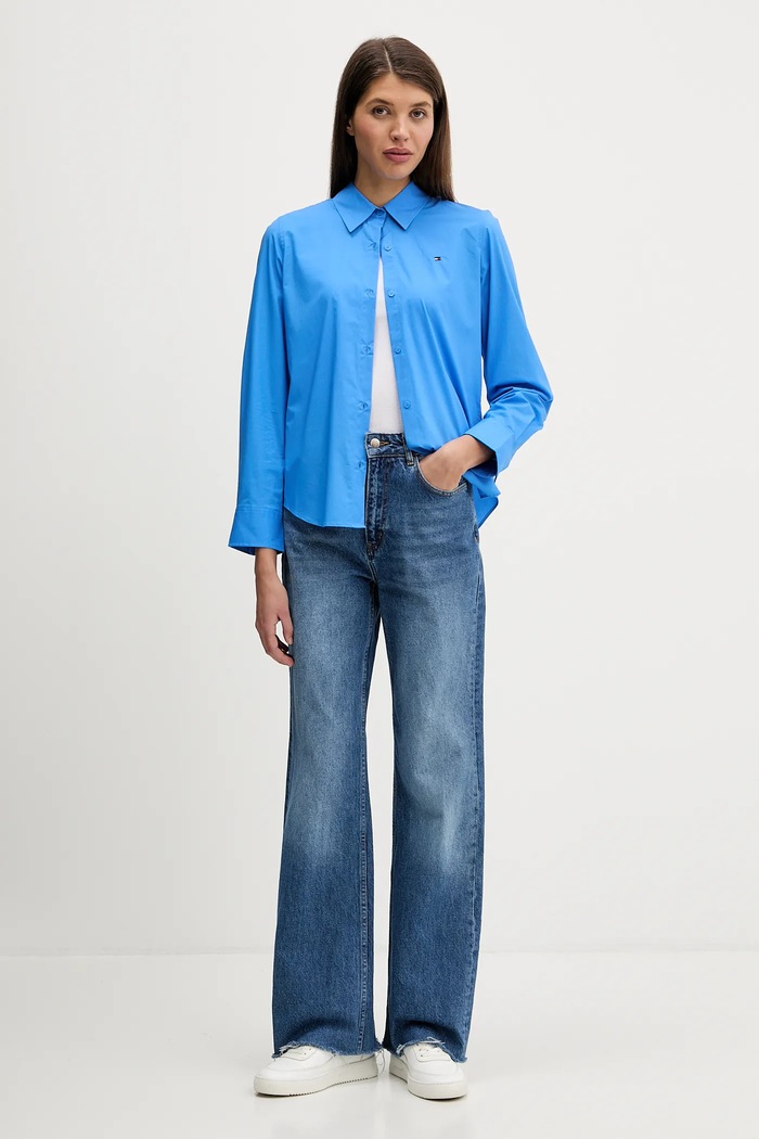 Tommy Hilfiger košeľa dámska bavlnená s elastanom WW0WW47169 modrá SS26