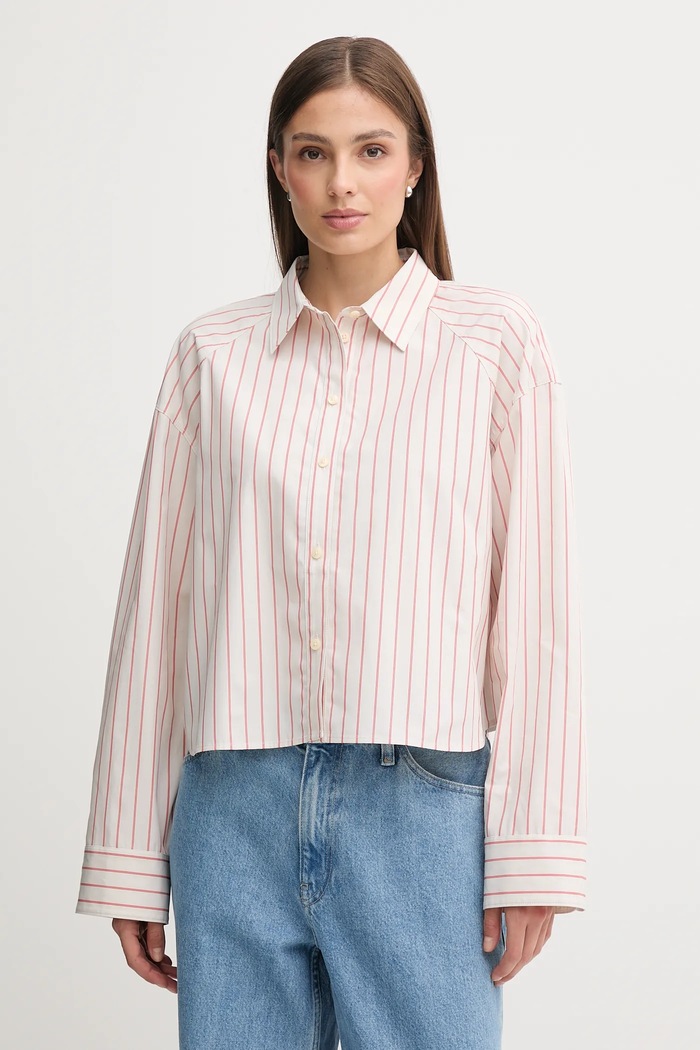 Памучна риза Calvin Klein Jeans райе бежов LV047C118G