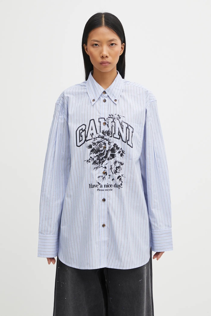 GANNI koszula bawełniana Stripe Cotton Oversized wzorzyste niebieski W0826