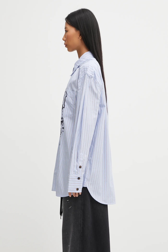GANNI koszula bawełniana Stripe Cotton Oversized W0826 niebieski AW25