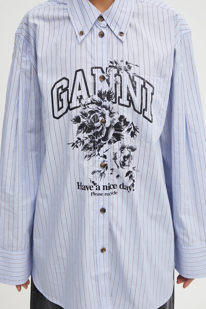 GANNI koszula bawełniana Stripe Cotton Oversized niebieski W0826