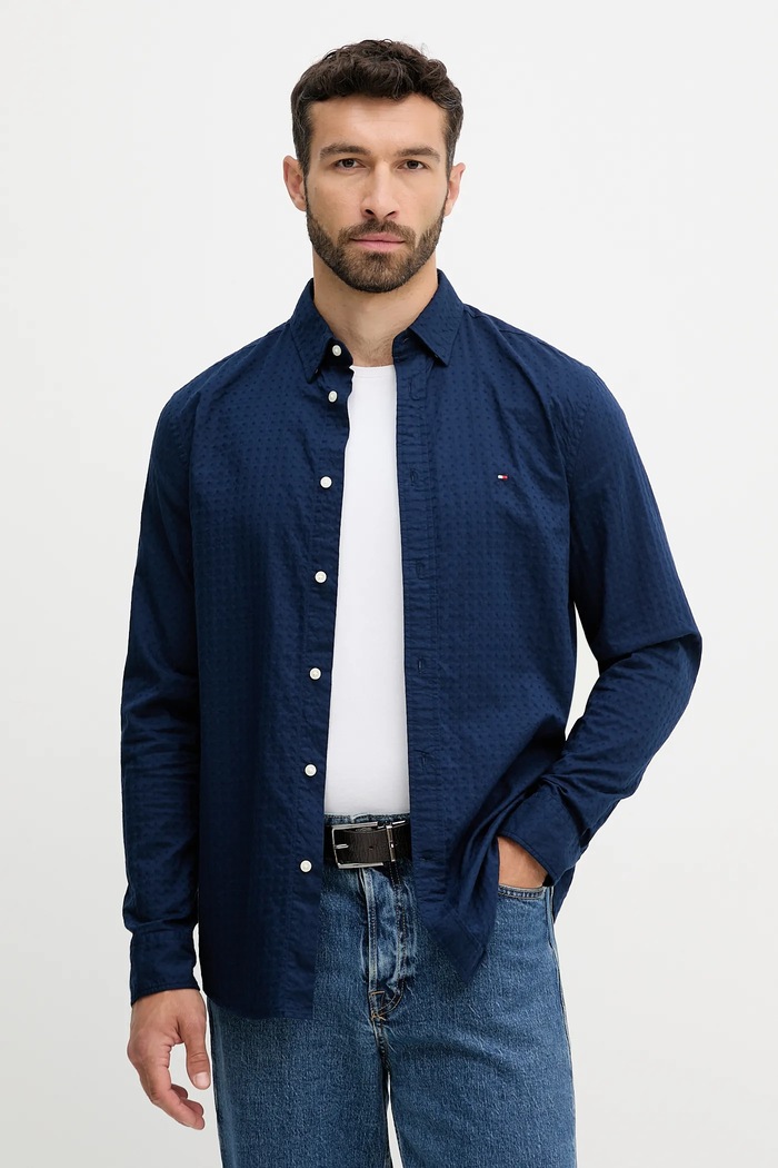 Bavlnená košeľa Tommy Hilfiger jemný vzor tmavomodrá MW0MW39446