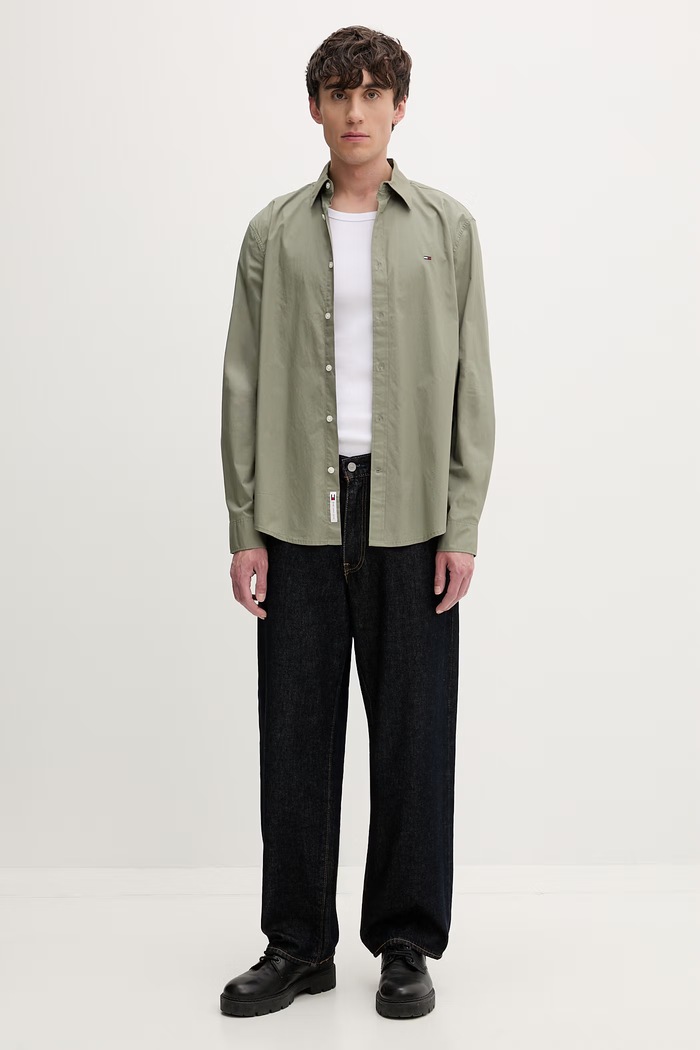 Tommy Jeans πουκάμισο ανδρικό βαμβακερό DM0DM22026 πράσινο SS26