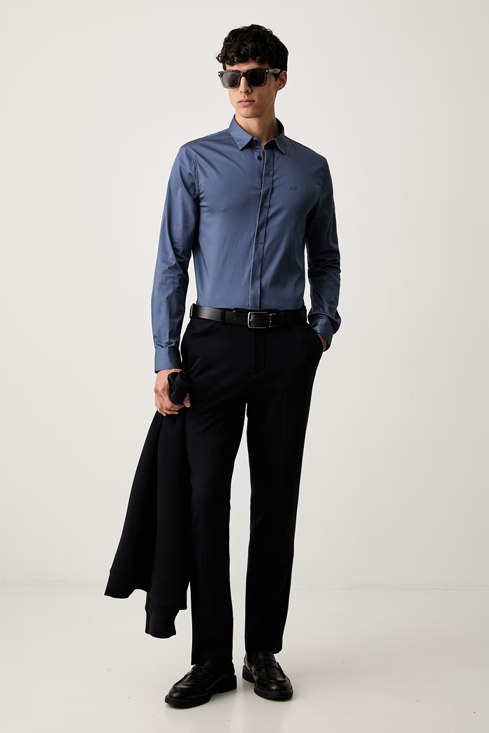Armani Exchange srajca moška bombažna z elastanom 8NZCBD.ZN10Z. modra SS26