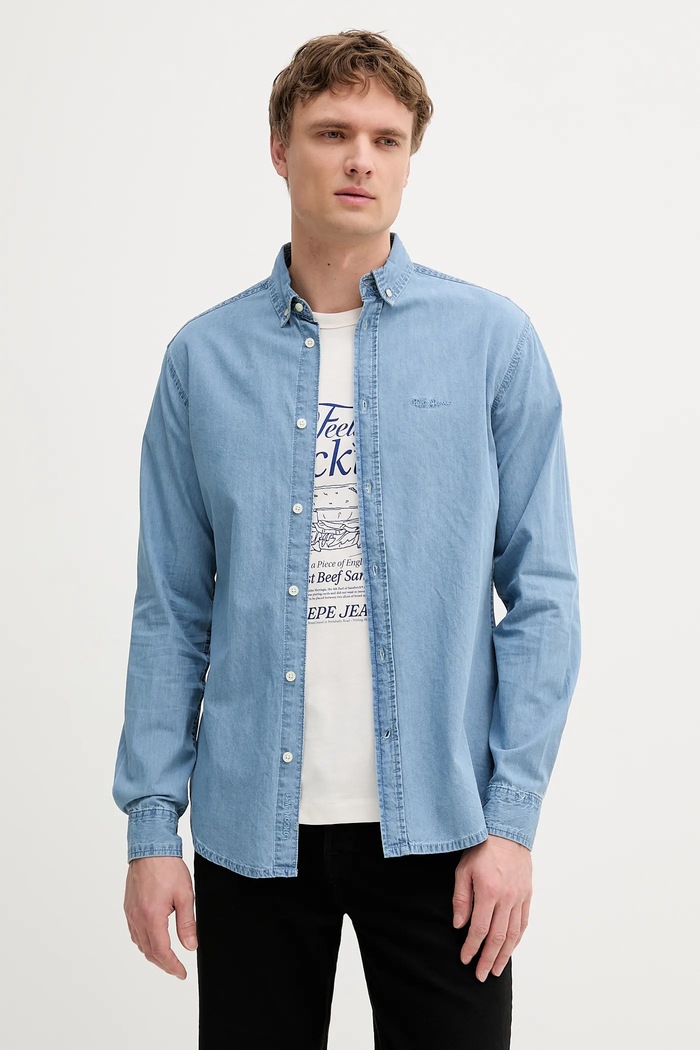 Pepe Jeans cămașă din bumbac lung albastru PM3090014C0