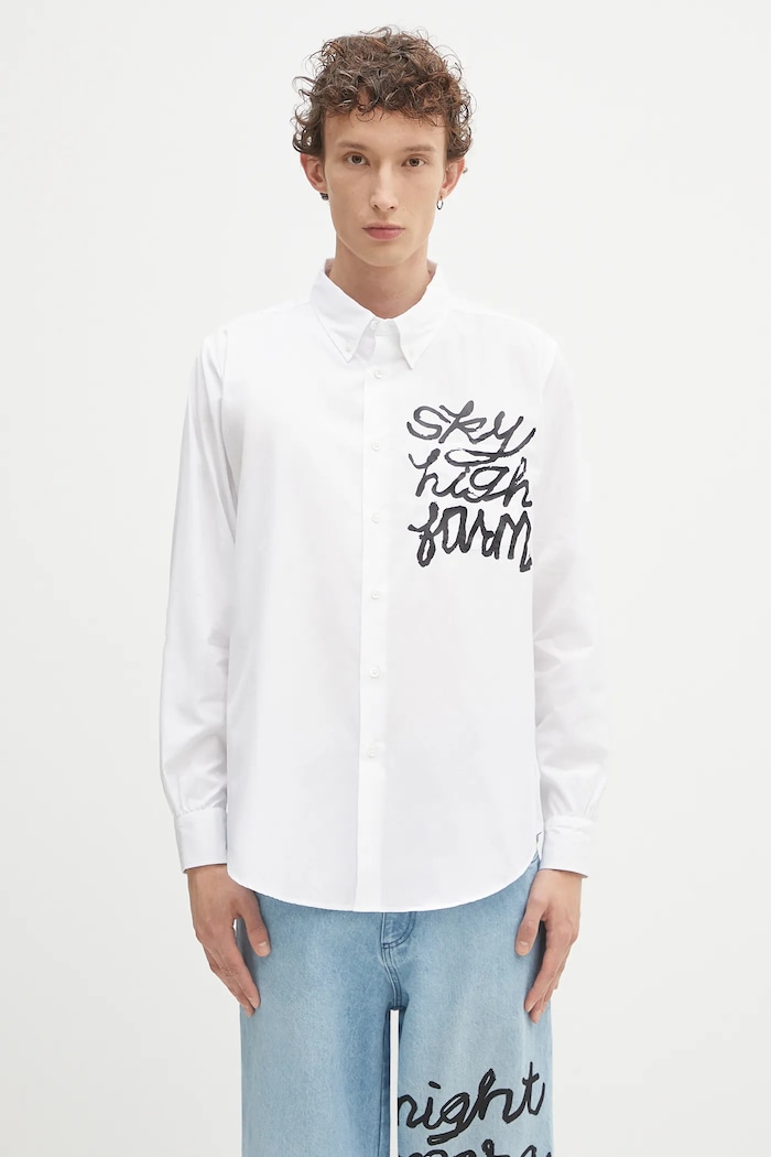 Βαμβακερό πουκάμισο Sky High Farm SHF overprint button down κανονικό λευκό SHF07B003