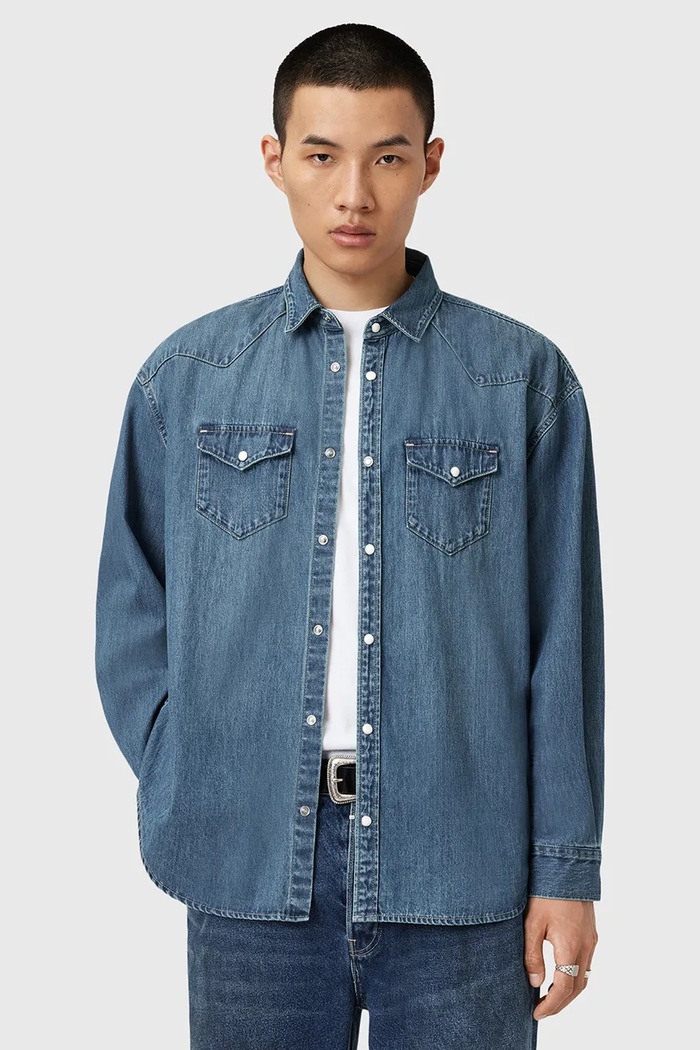 Rifľová košeľa AllSaints FENTON relaxed modrá M054SD
