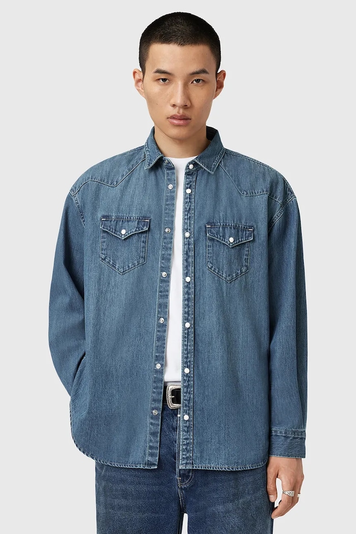 Rifľová košeľa AllSaints FENTON relaxed modrá M054SD