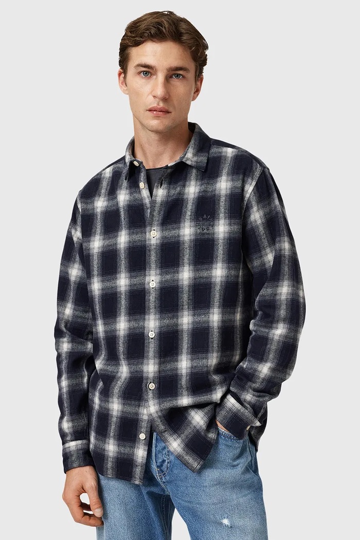 Памучна риза AllSaints HAVEN каре тъмносин M051SD