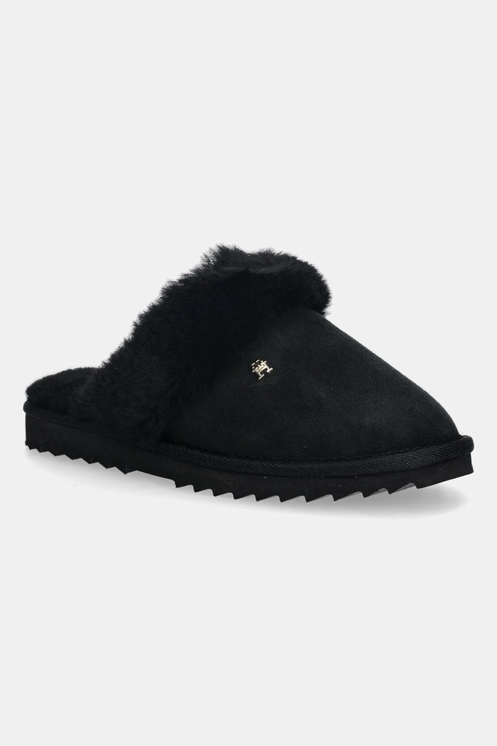 Tommy Hilfiger papuci din piele TH SHEARLING HOUSE SHOE negru FW0FW09063