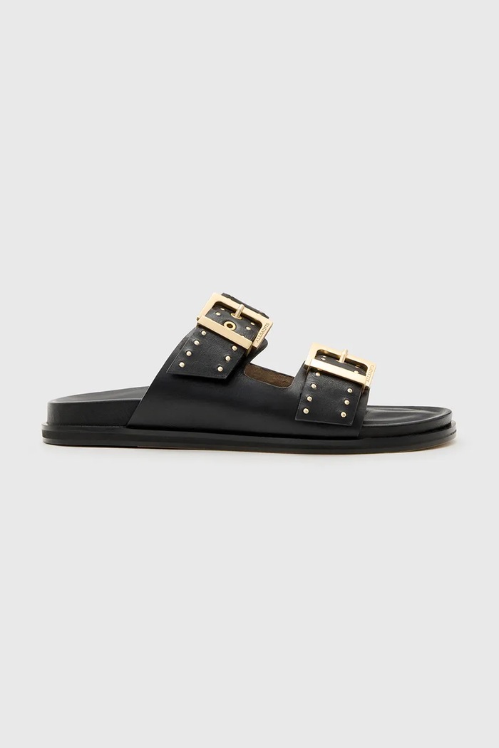 AllSaints klapki skórzane Magda Stud Sandal płaski czarny W114FC