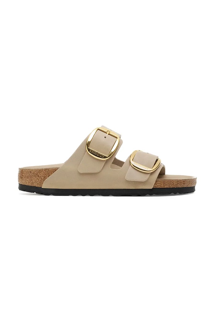 Birkenstock ciabatte slide in pelle Arizona Big Buckle pelle fiore beige 1030382