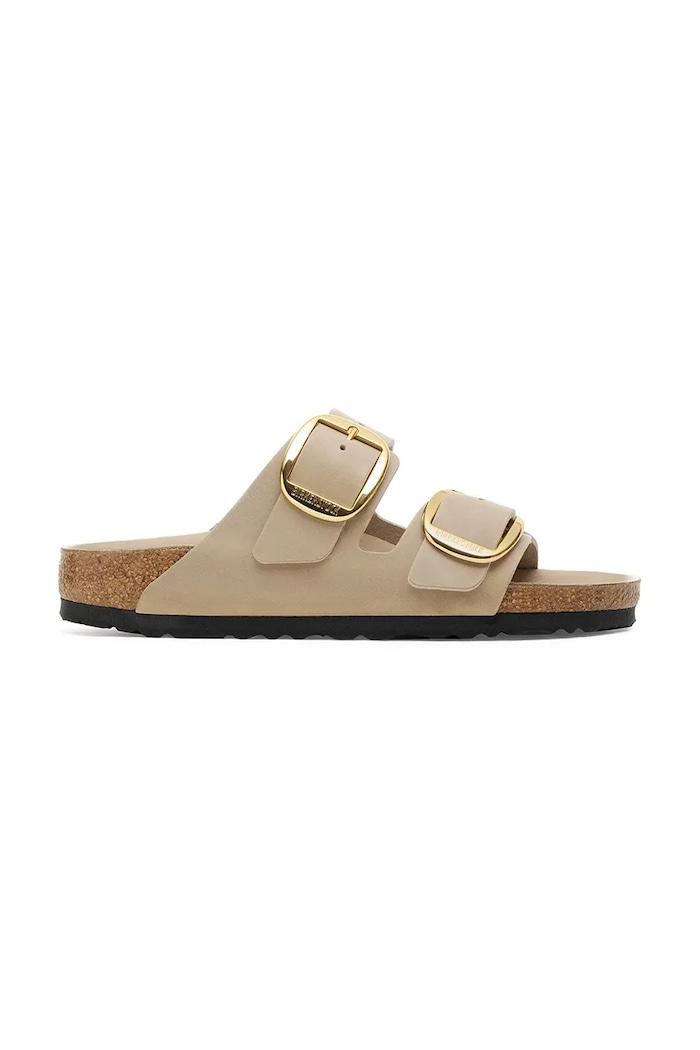 Birkenstock ciabatte slide in pelle Arizona Big Buckle pelle fiore beige 1030382