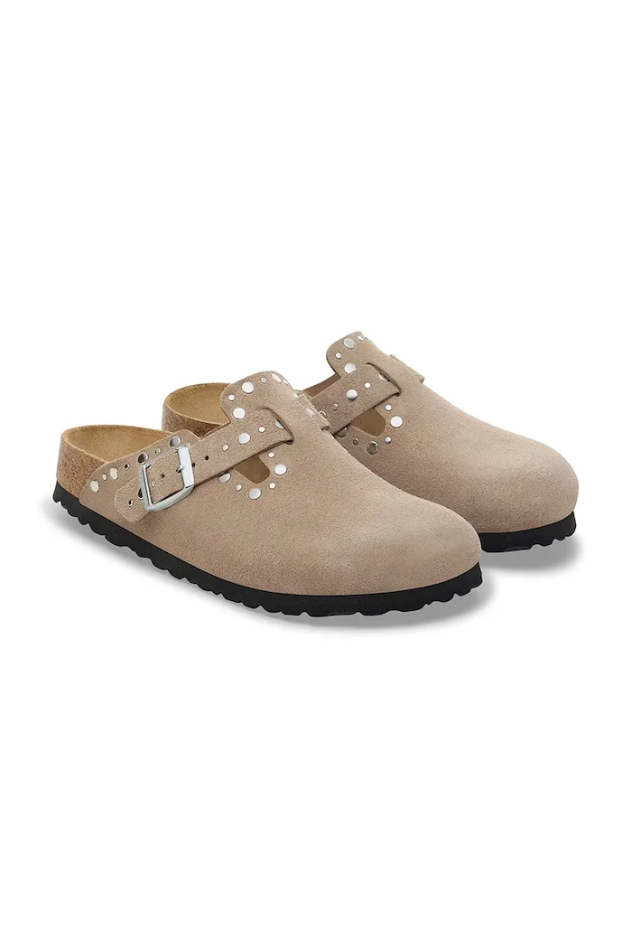 Obuwie Birkenstock klapki zamszowe Boston Rivet 1030418 beżowy