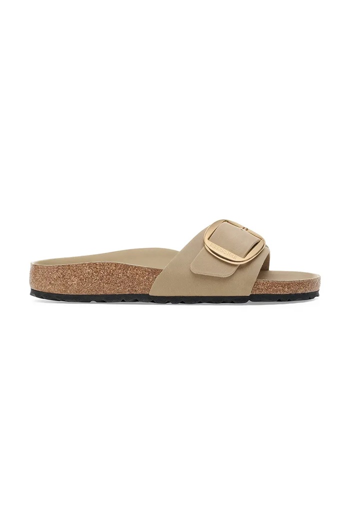 Birkenstock klapki skórzane Madrid Big Buckle płaski beżowy 1030467