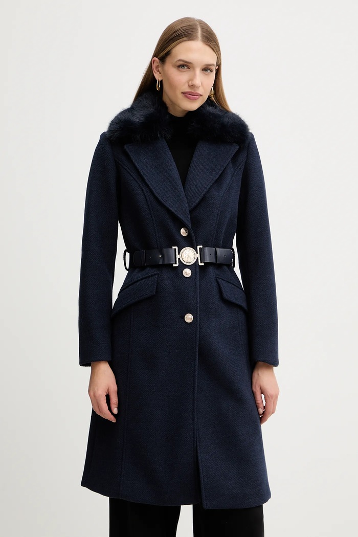 Guess płaszcz z domieszką wełny NEW PATRICE bez kaptura granatowy W5BL25.W2672