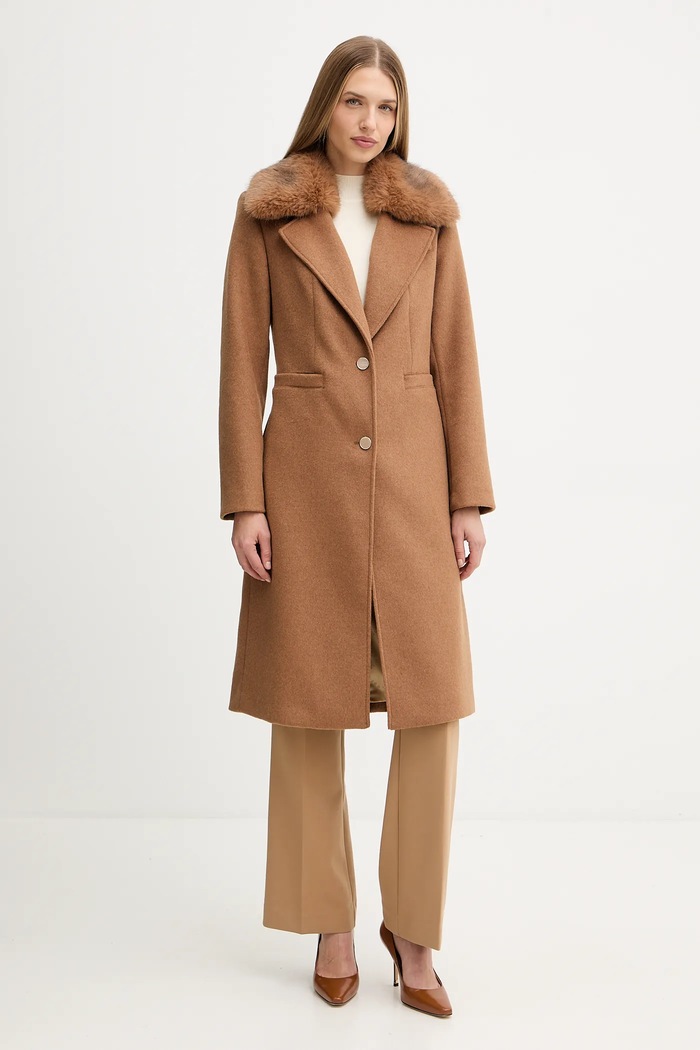 Guess płaszcz z dodatkiem wełny KAROLE bez kaptura brązowy W5BL19.W2642