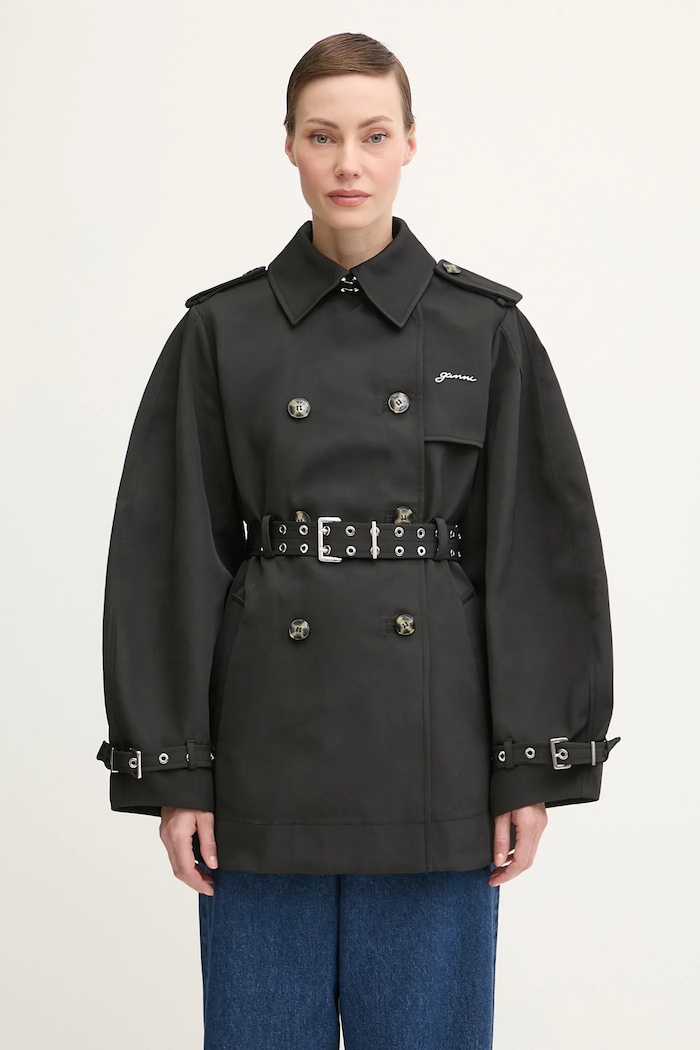 GANNI trencz Heavy Twill Midi Trench bez kaptura czarny W0893