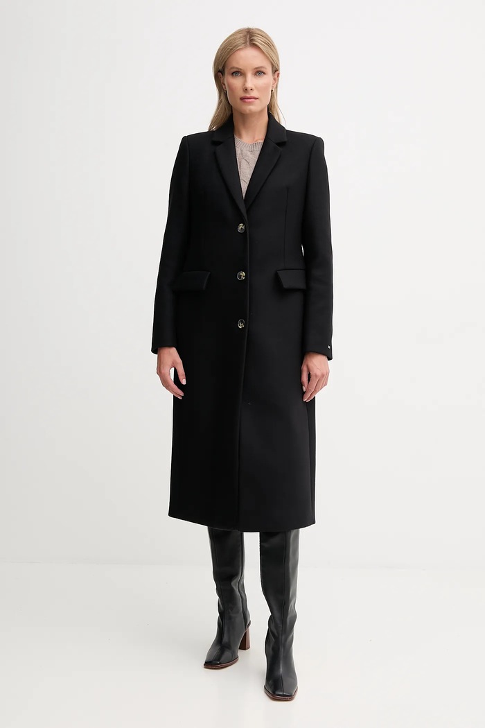 Tommy Hilfiger płaszcz z dodatkiem wełny bez kaptura czarny WW0WW47445