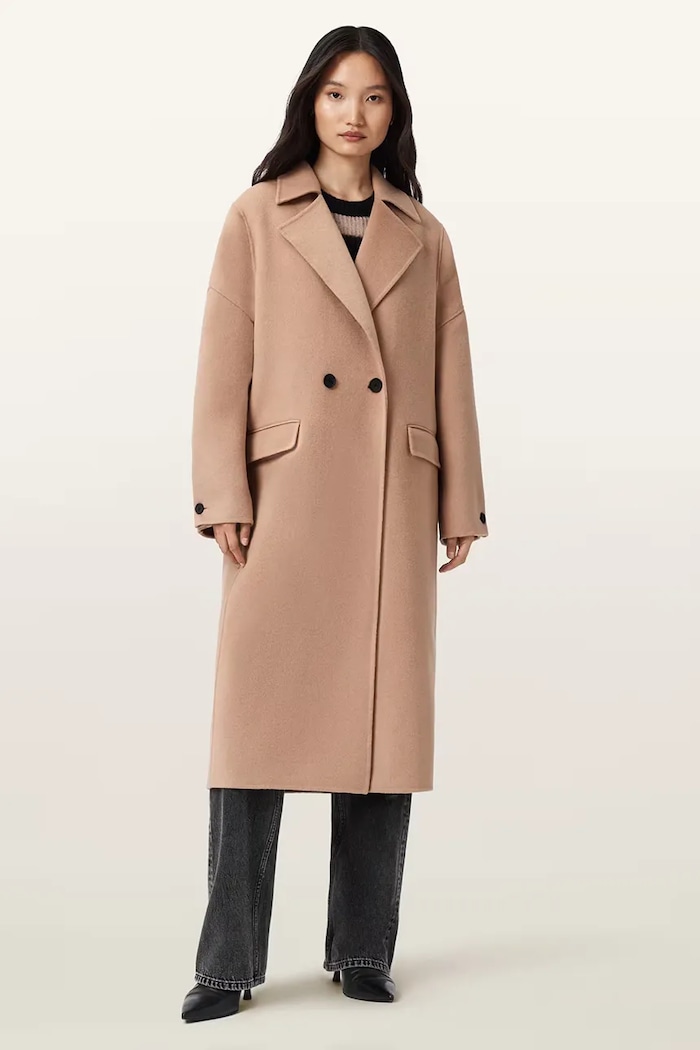 AllSaints haină cu lână SELLMA cu captuseala maro W019OD