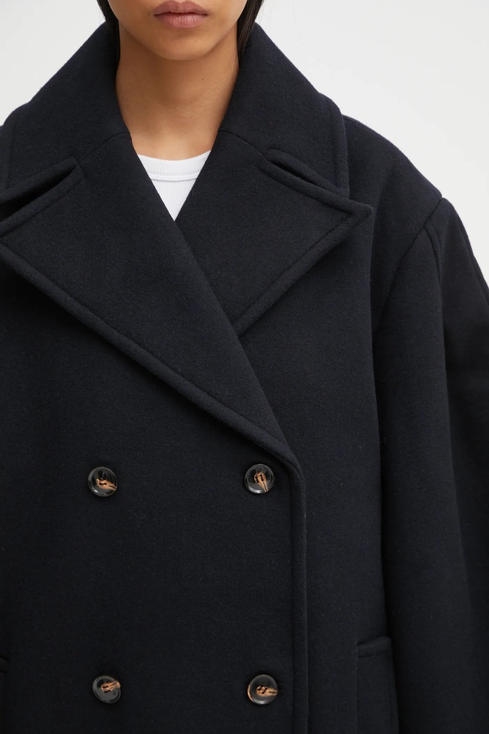 GANNI płaszcz z dodatkiem wełny Peacoat Wool Long W0802 granatowy