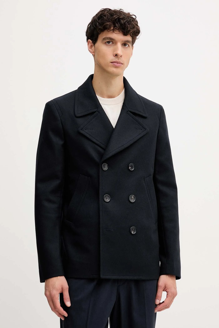 Kabát s prímesou vlny PS Paul Smith dvojradové tmavomodrá M2R.597T.T21059