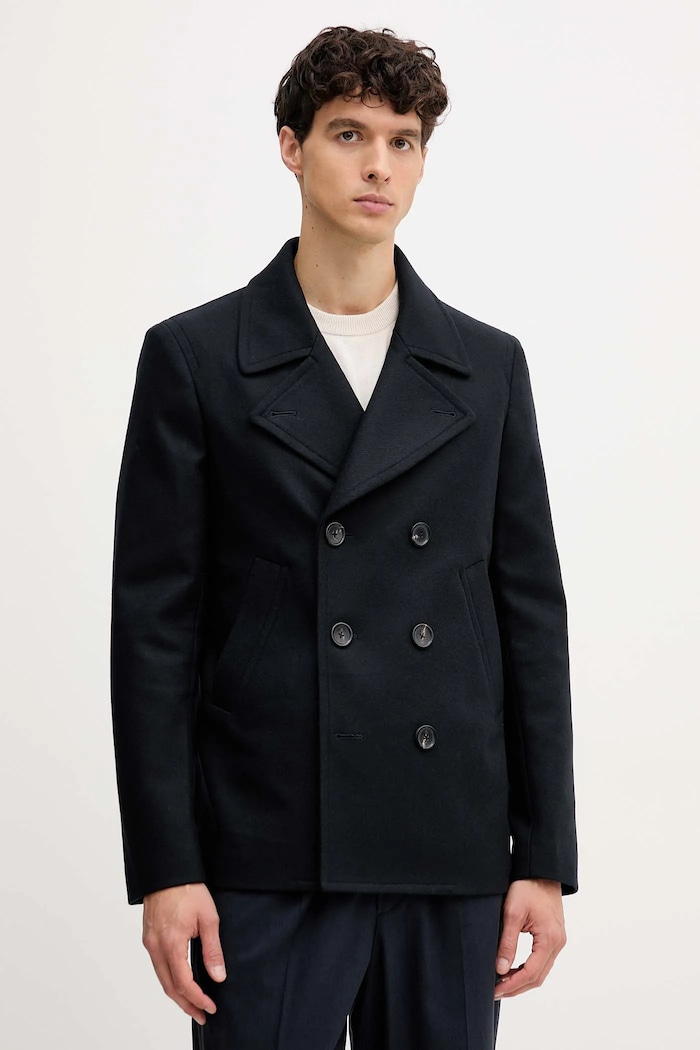 Kabát s prímesou vlny PS Paul Smith dvojradové tmavomodrá M2R.597T.T21059