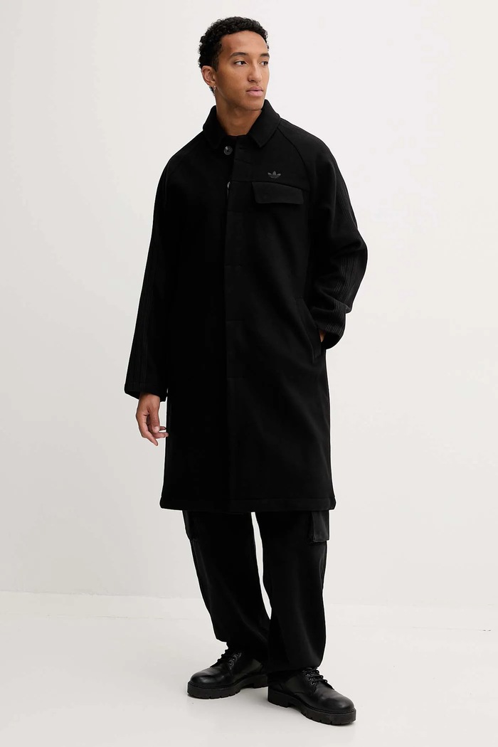 adidas Originals płaszcz z domieszką wełny P Ess Overcoat bez kaptura czarny JW0120