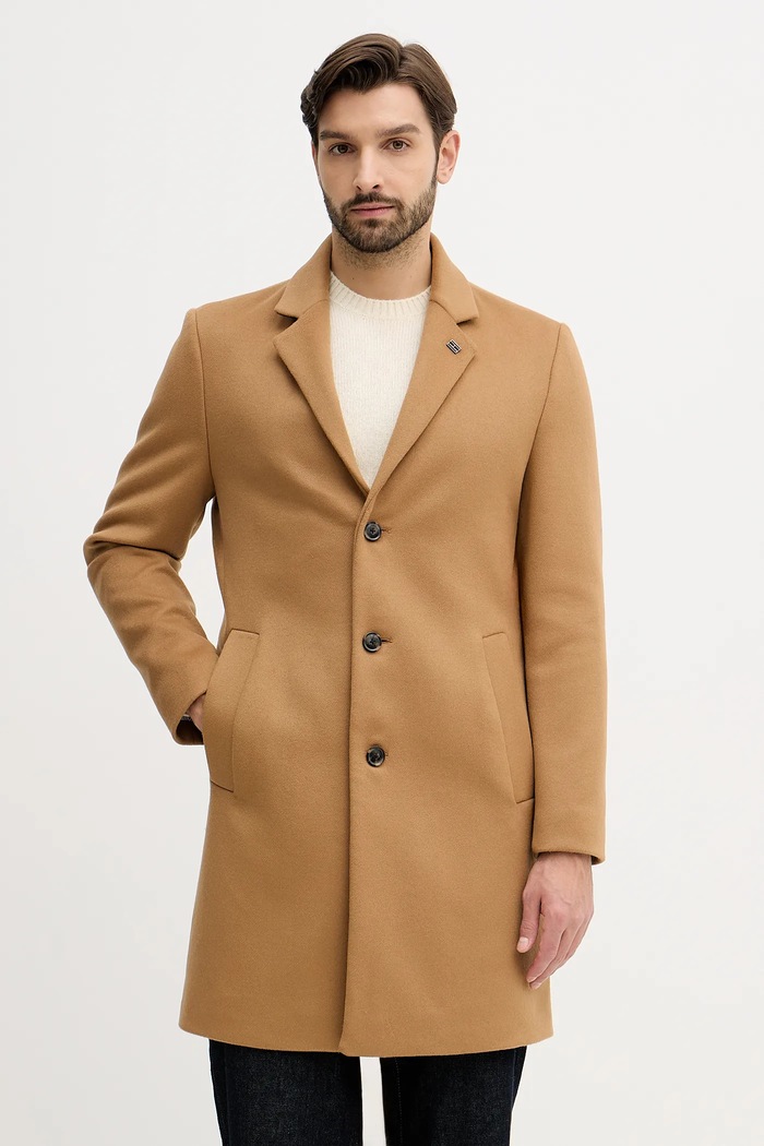 Tommy Hilfiger płaszcz z wełną bez kaptura brązowy MW0MW40768