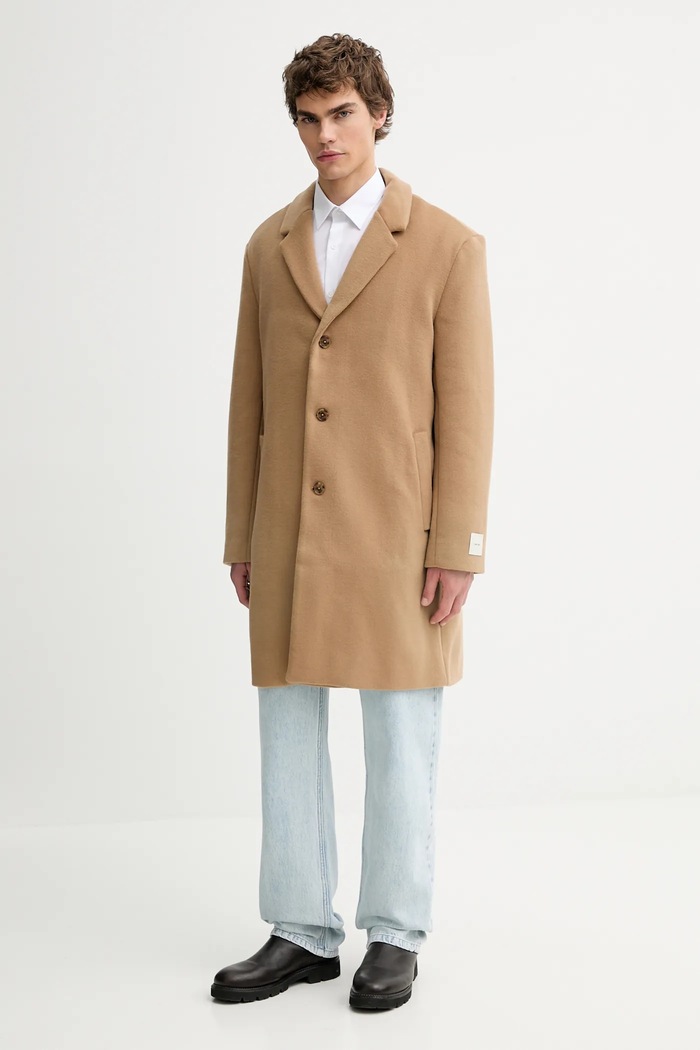 Calvin Klein płaszcz z dodatkiem wełny bez kaptura brązowy LV04LD900G