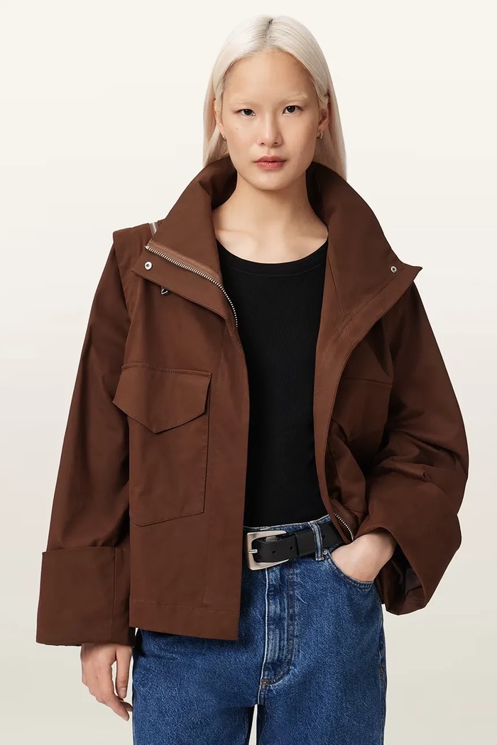 AllSaints bunda dámska s bavlnou LEIGHTON W039OC hnedá