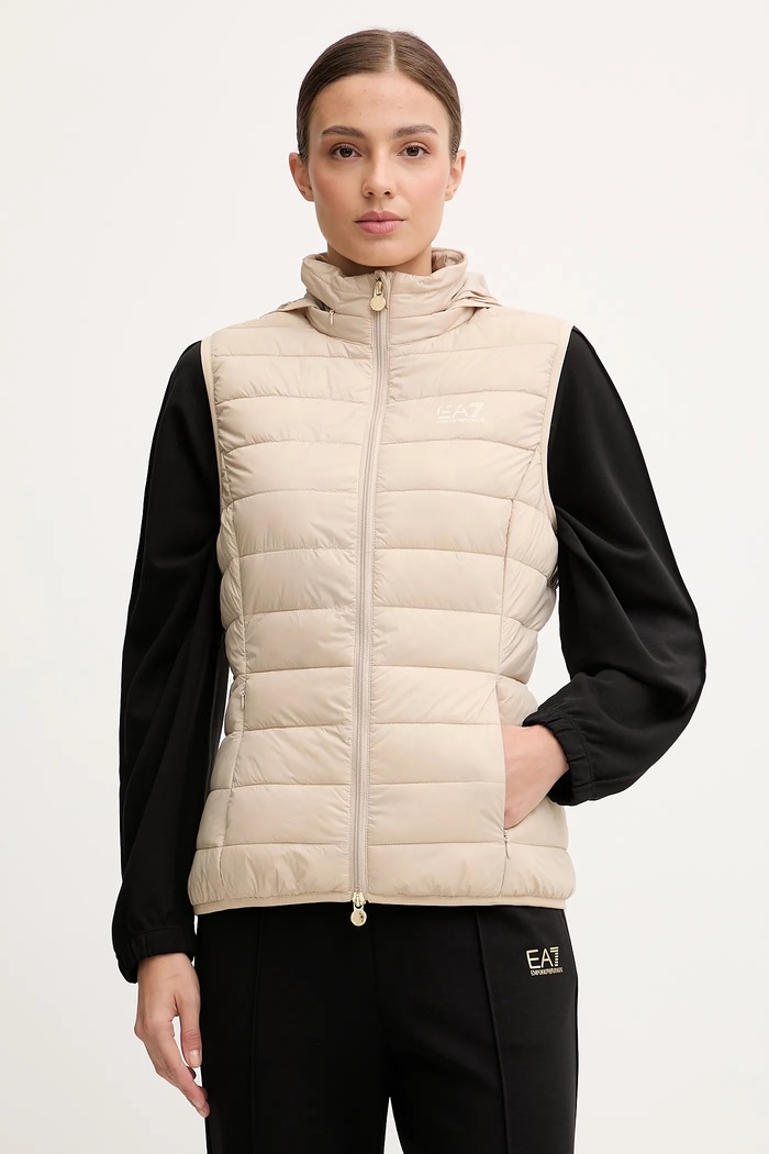 EA7 Emporio Armani brezrokavnik s kapuco ženski S kapuco bež AF12477.7W000472