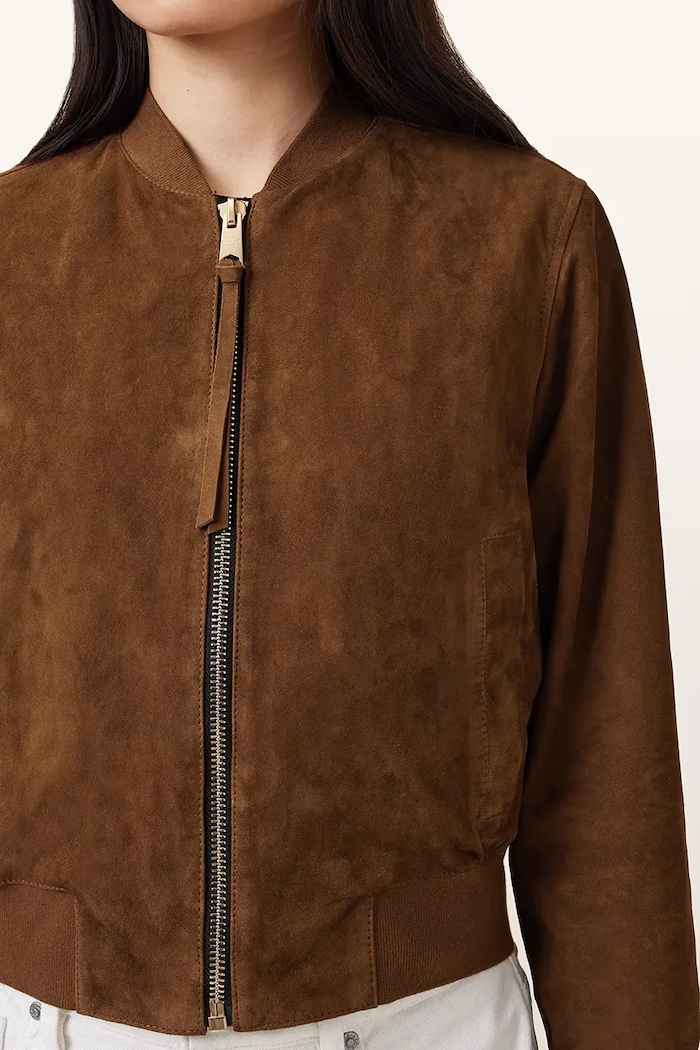 AllSaints geacă bomber pentru femei, din piele întoarsă ORTEN W041LD maro SS26