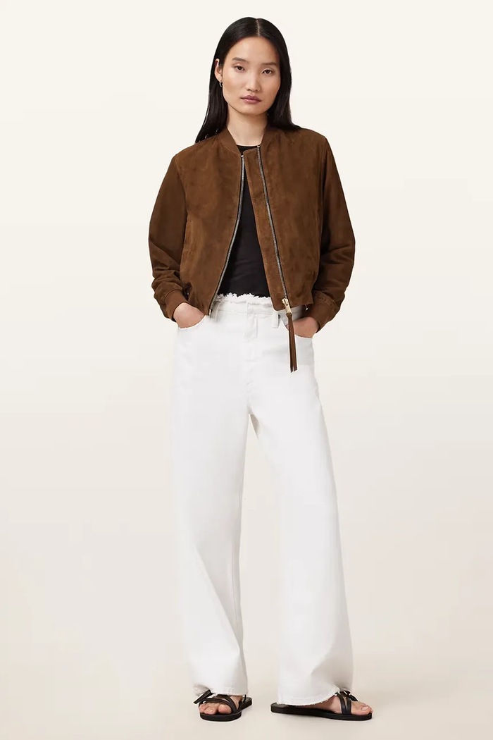 AllSaints geacă bomber pentru femei, din piele întoarsă ORTEN W041LD maro
