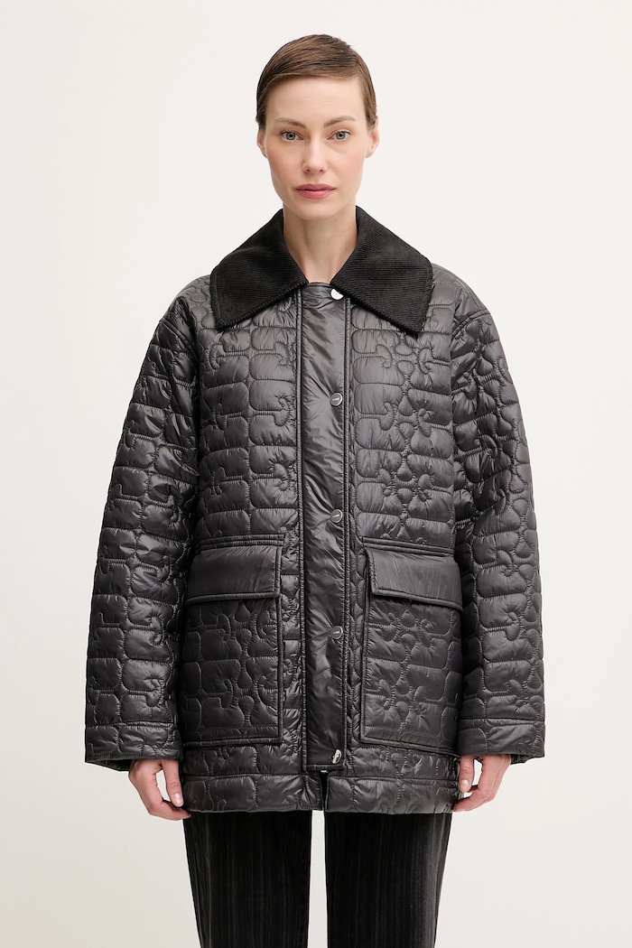 GANNI kurtka Shiny Quilt Midi bez kaptura szary W0343