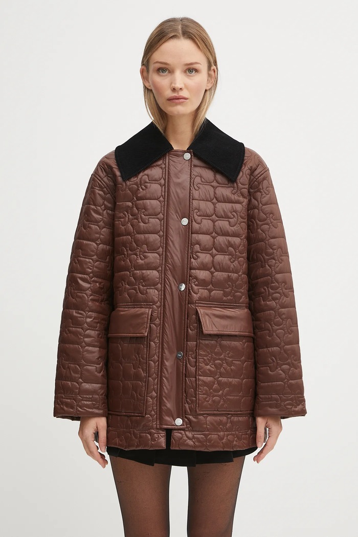 GANNI kurtka Shiny Quilt Midi bez kaptura brązowy W0397