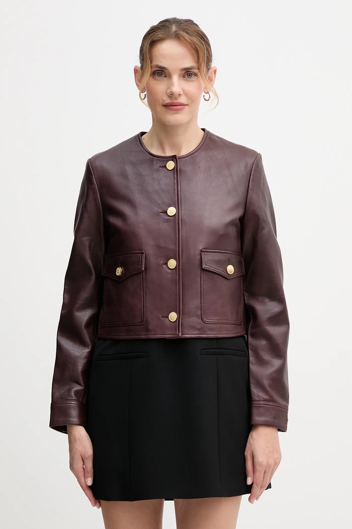 Kožna jakna Tommy Hilfiger bez tople podstave bordo WW0WW46861