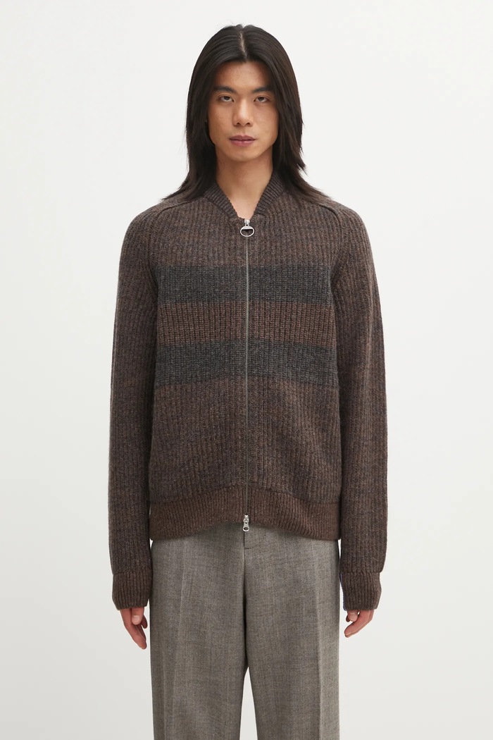 Vuneni kardigan Barbour x Paul Smith Knit Bomber melanž smeđa MKN1695RU71