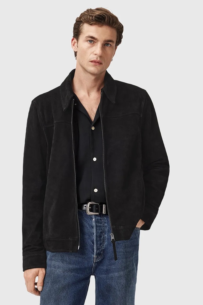 Semišová bunda AllSaints RHONE bez kapucne čierna M011LD