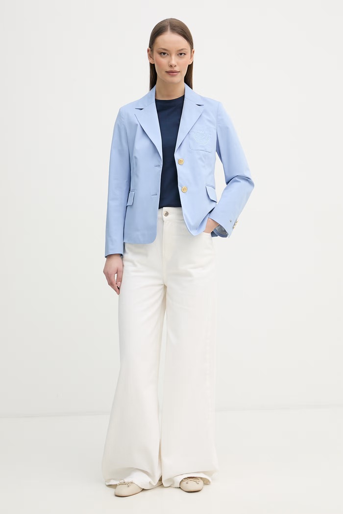 Tommy Hilfiger jednoradové sako dámske s bavlnou WW0WW47179 modrá SS26