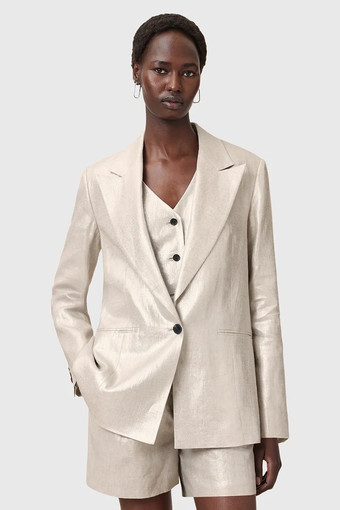 Ľanové sako AllSaints AVERIE ľan strieborná W067QC
