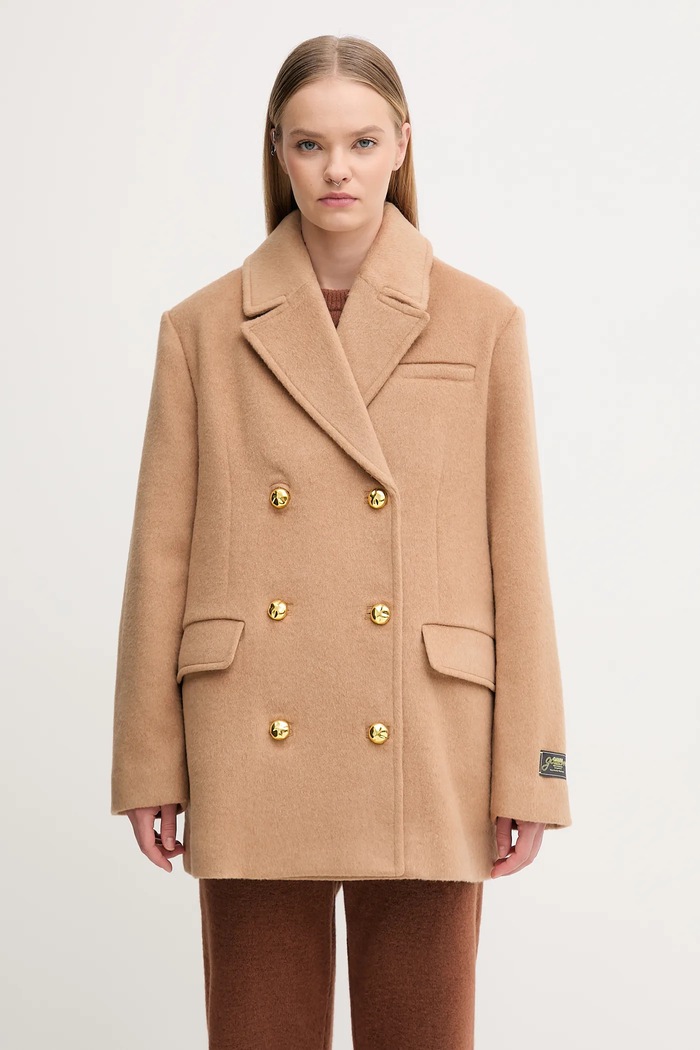 GANNI płaszcz z dodatkiem wełny Double Faced Wool Doublebreatsed Blazer nieocieplane brązowy W0876