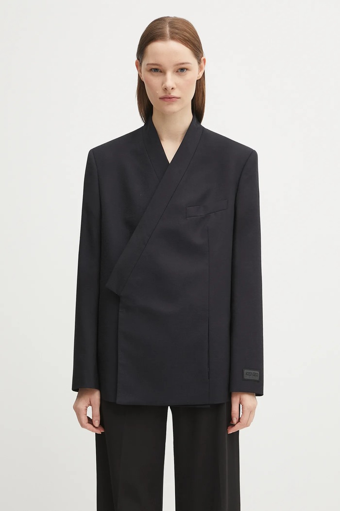 Vlněné sako Kenzo Weave Kimono Blazer vlna námořnická modř FF62VE2659ID