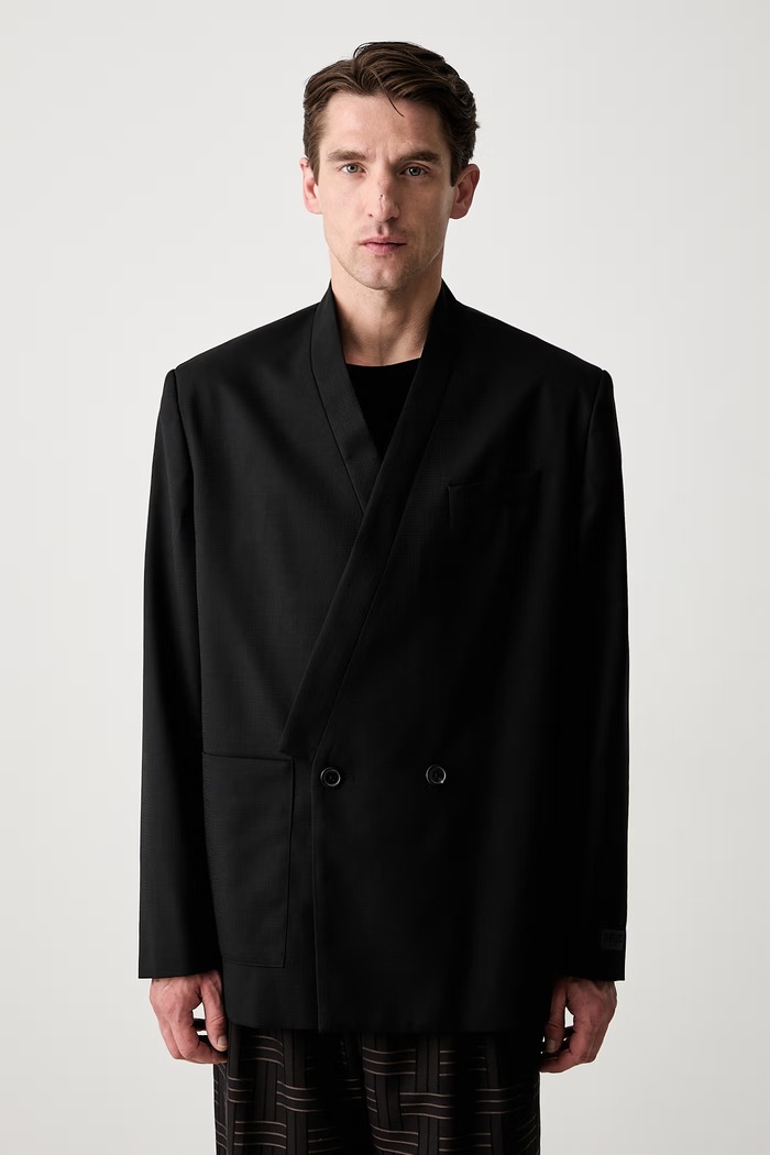 Kenzo Weave Kimono Tailored dvojradové sako vlnené pánske vlna čierna FF65VE1309ID