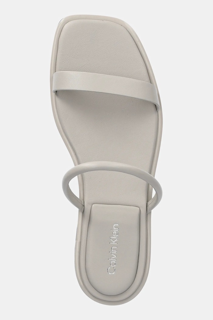 Calvin Klein bőr papucs FLAT SANDAL SQUARED 2-BAR LTH szürke HW0HW02532